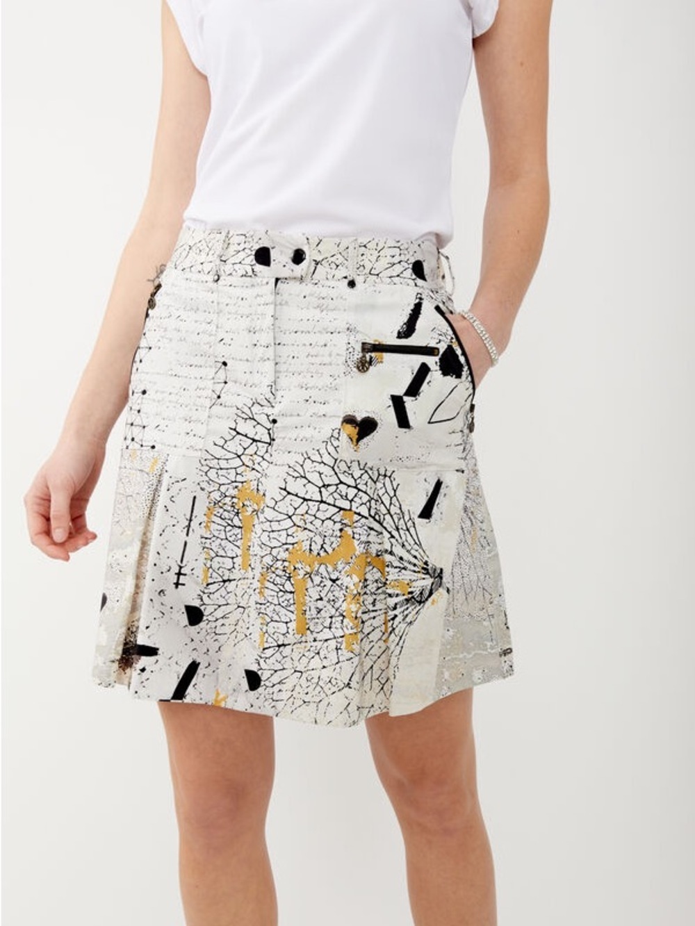 Dolcezza Abstract Mini Dating Print Skirt White & Gold A-Line Skirt Size 10